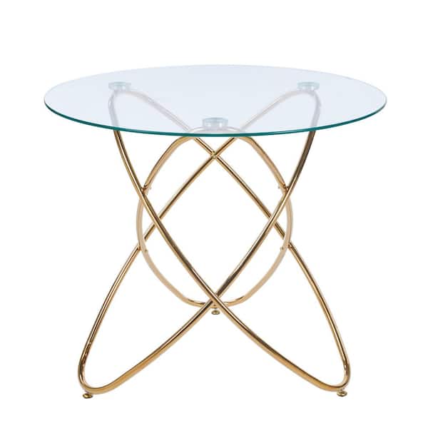 35.43 in. W Round Outdoor Dining Table with Golden Metal Leg and Tempered Glass Top