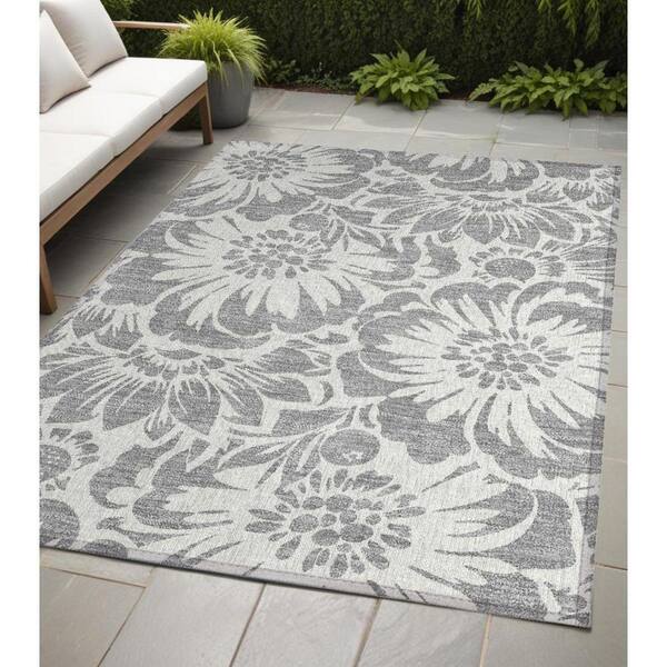 5' X 8' Gray And Ivory Floral Indoor Outdoor Area Rug