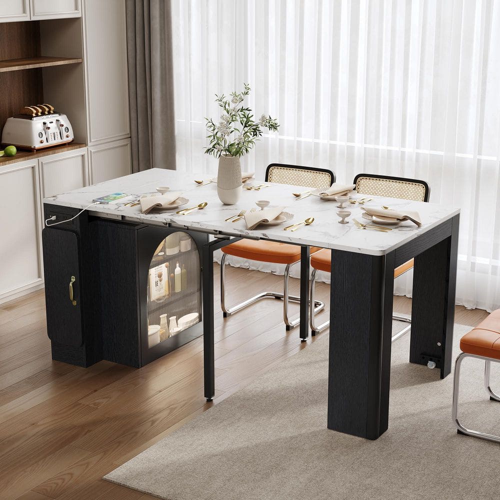 Brelith Black and White Marble Wood 4 Leg Extendable Dining Table with Removable Middle Leaves,Storage Cabinet,Seats 4/5 price history on PriceWatchPro