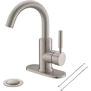 4 in. Single-Handle Bathroom Sink Faucet with Deck Plate and Metal Drain, 360-Degree Rotation Spout in. Brushed Nickel