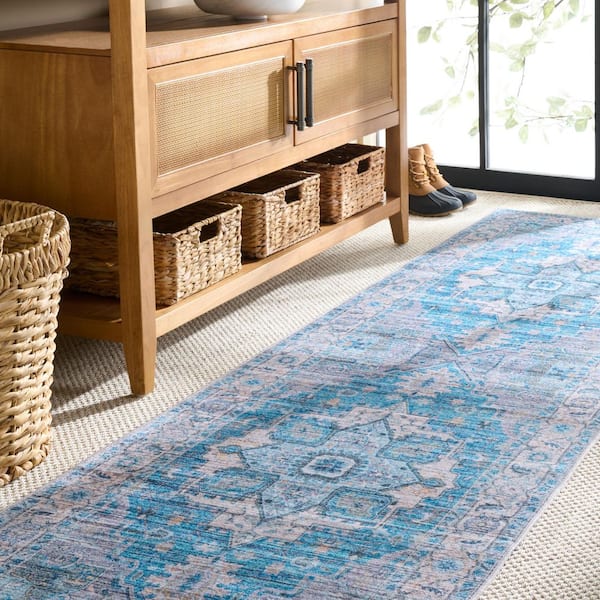 Martha Stewart Washable 2 ft. x 5 ft. Gray/Turquoise Machine Washable Floral Medallion Runner Rug