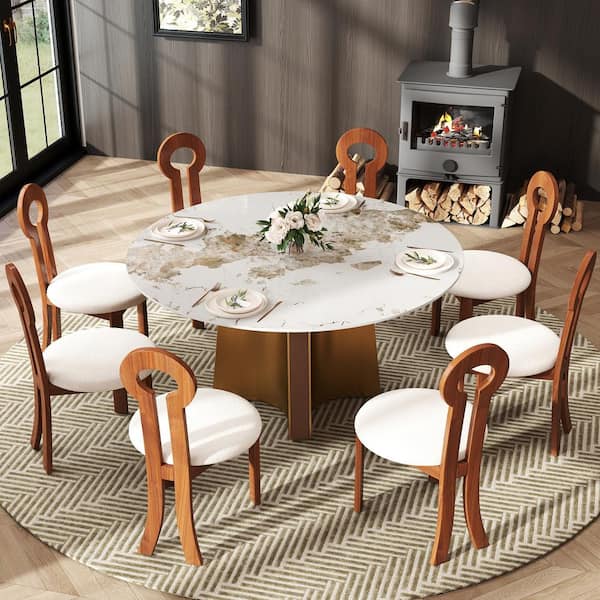 Magic Home 59.0 in. Pandora Round Sintered Stone Tabletop Gold Pedestal Base Kitchen Dining Table (Seats-8)