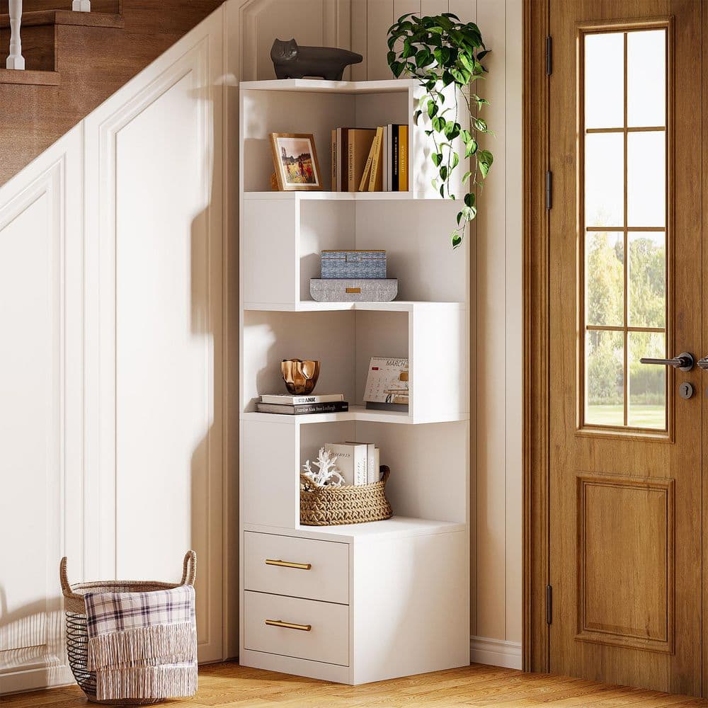 Eulas 66.9 in. Tall White Engineered Wood 4-Shelf Modern Standard Bookcase Corner Bookshelf with 2 Drawers