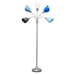 67 in. Silver Floor Lamp Contemporary Multi Head Medusa 5 Light Adjustable Gooseneck with Blue, White, Gray Shades