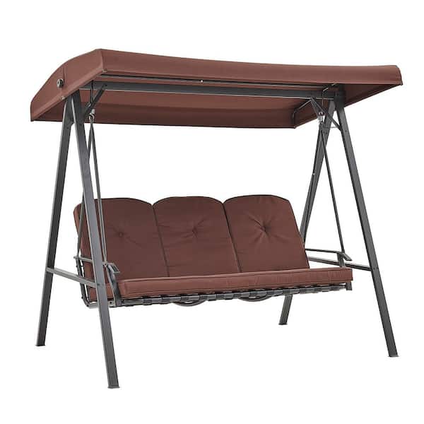 Barton 3 Person Steel Rocker Outdoor Patio Porch Swing Chair In Brown With Adjustable Canopy 96196 The Home Depot - Covered Patio Sofa Swing