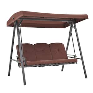 3-Person Steel Rocker Outdoor Patio Porch Swing Chair in Brown with Adjustable Canopy