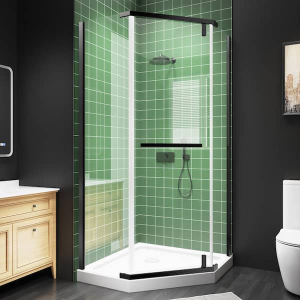 36 in. W x 72 in. H Neo Angle Pivot Semi Frameless Corner Shower Enclosure in Black with Clear 1/4 in. Glass Shower Door