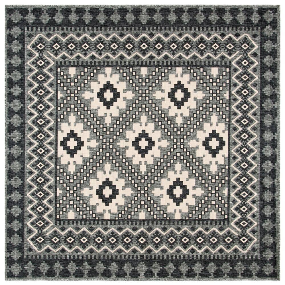 Ivory/Charcoal 3' Square Synthetic Reversible Indoor/Outdoor Rug