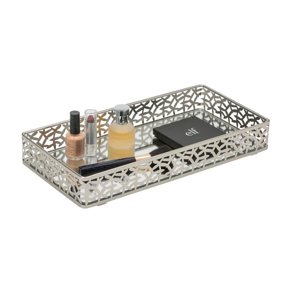 Satin Nickel Leaf Design Mirrored Vanity Tray