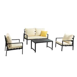 Black 4-Pieces Metal Sofa Outdoor Sofa Sectional Set with Shadow Beige Cushion