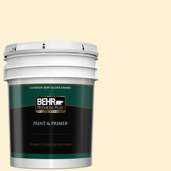 BEHR PREMIUM PLUS 5 gal. #390C-1 Capri Cream Semi-Gloss Enamel Exterior Paint & Primer