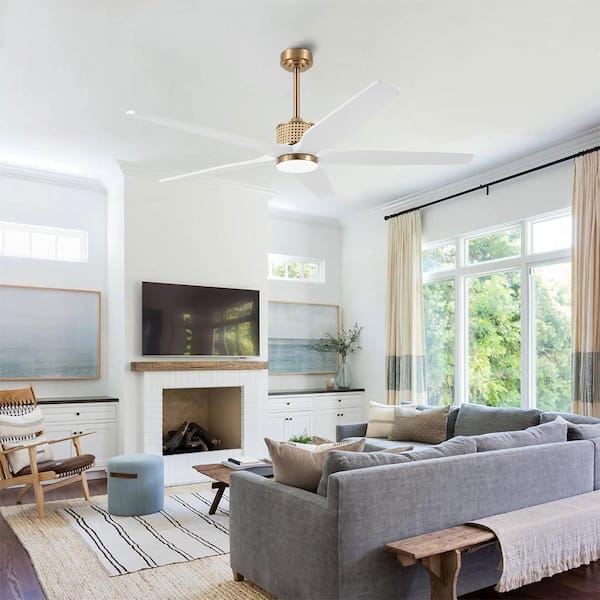 60 Inch. 5 Blades Dc Motor Indoor Standard Ceiling Fan With Light Kit And Remote White and Gold Down-rod