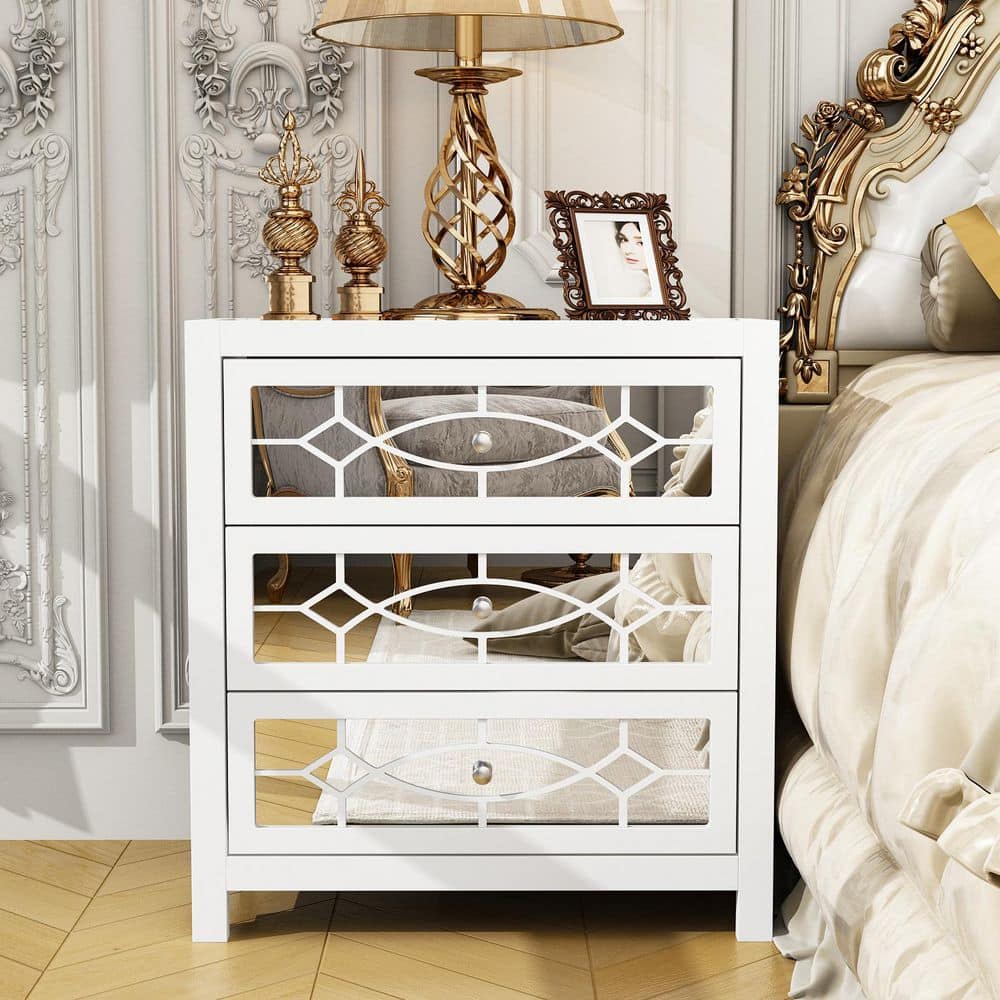 FUFU&GAGA 3-Mirrored Drawers White Wood Nightstands Bedside Table