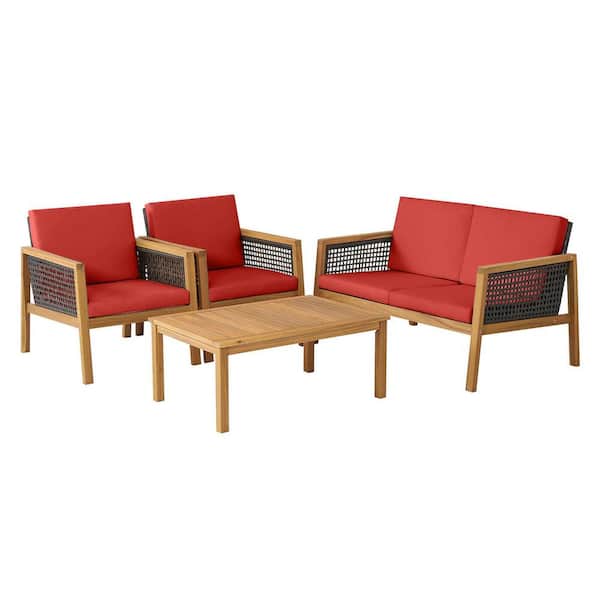 WELLFOR 4-Piece Rattan Patio Conversation Set with Red Cushions