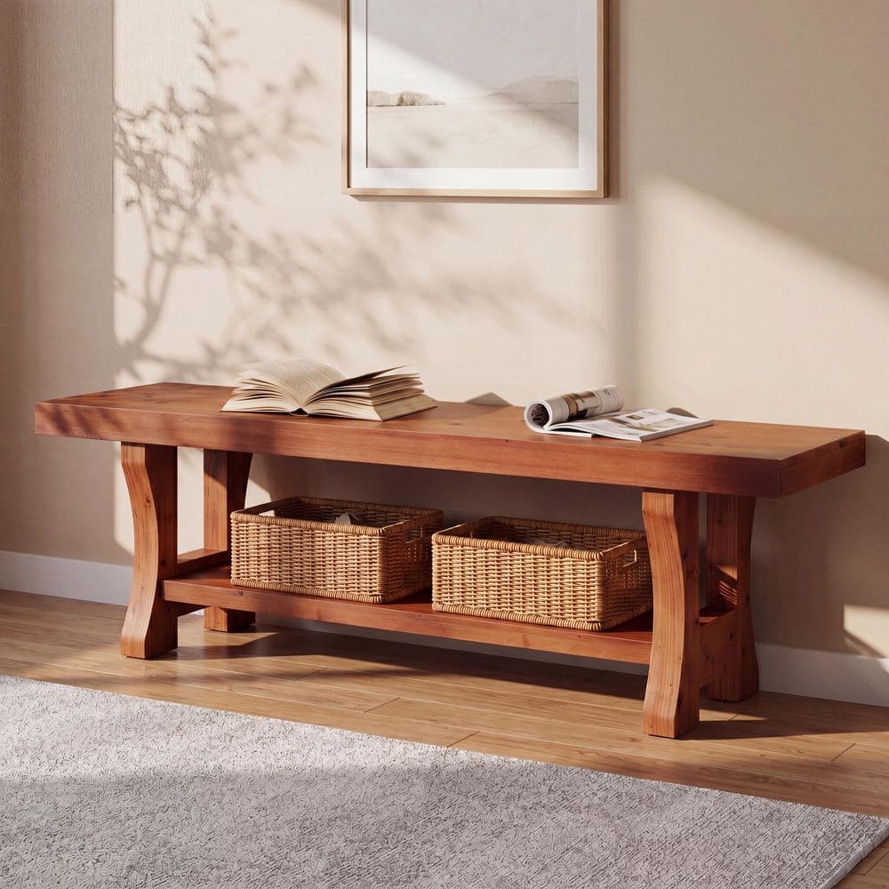 Ashford 55.1 in. Red Brown Solid Wood Entryway Bench with Heavy-Duty Legs, 2-Tier Storage Bench for Entryway and Bedroom