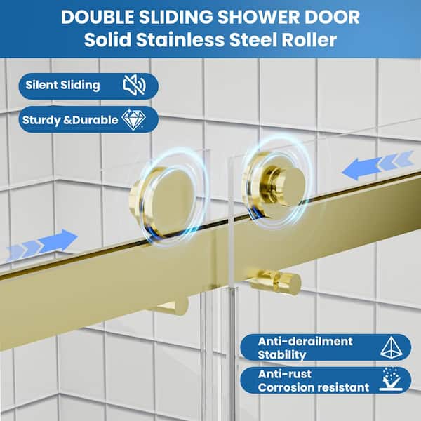 56-60 in. W x 74 in. H Double Sliding Frameless Shower Door in Brushed Gold with Nano-Coated Easy-Clean Tinted Glass