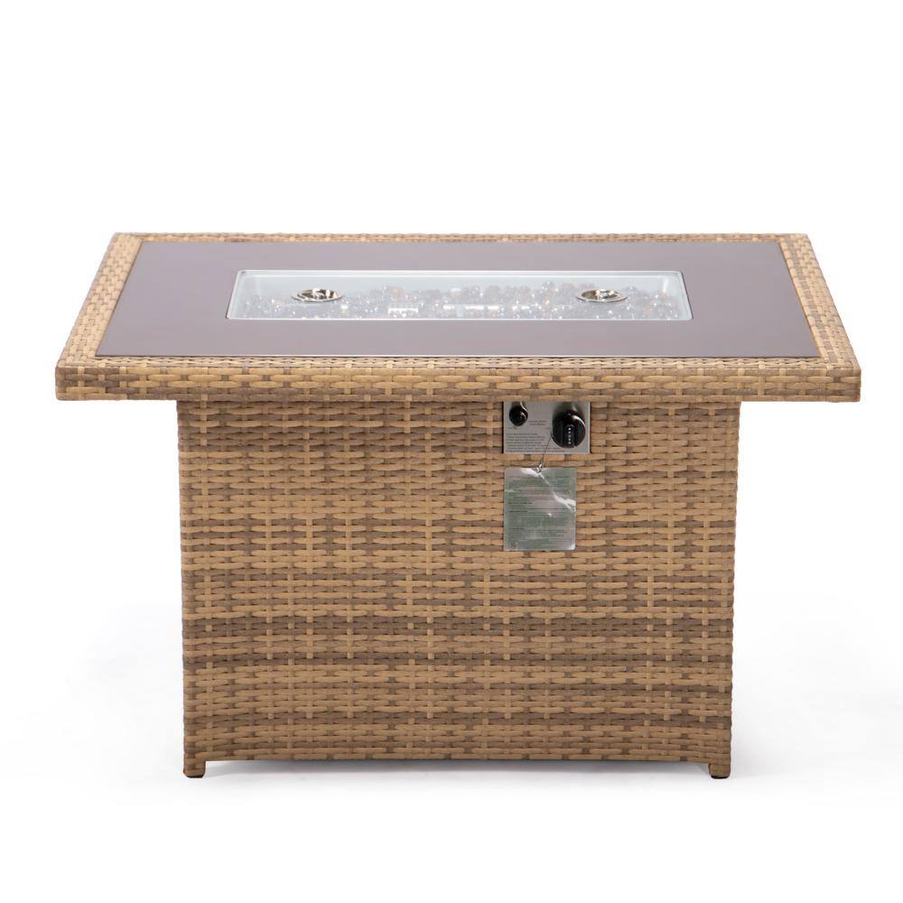 Light Brown Wicker Gas Fire Pit Table with Glass Shield