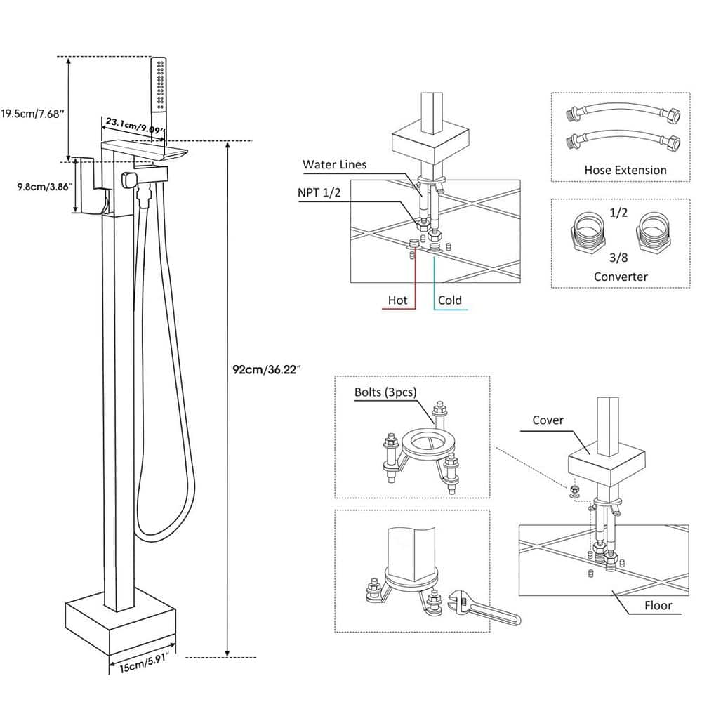 Matte Black Solid Brass Freestanding Tub Faucet with Handheld Shower