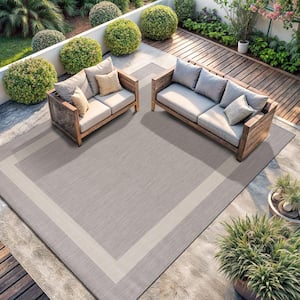 Grey/White 8 ft. x 10 ft. Bordered Indoor/Outdoor Area Rug