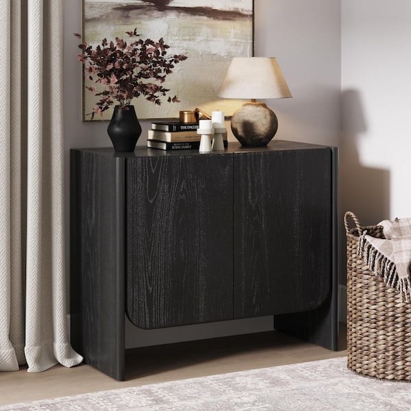Jacala Black Oak 31.7 in. H Mid-Century Modern Rounded Wood Sideboard Accent Cabinet with Interior Shelves