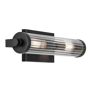 Azores 16 in. 2-Light Black Vintage Industrial Bathroom Vanity Light with Clear Fluted Glass