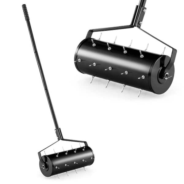 18 in. Black Manual Garden Rolling Lawn Aerator Filled with Sand or Stone