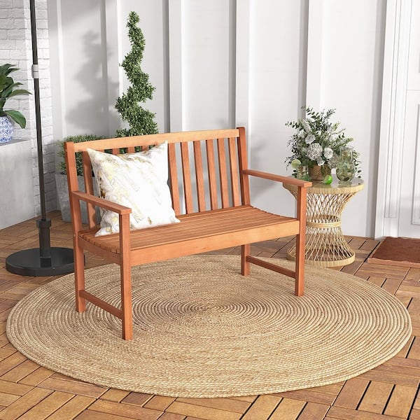 Patio Wood Bench 2-Seat Outdoor Bench with Cozy Armrests and Backrest