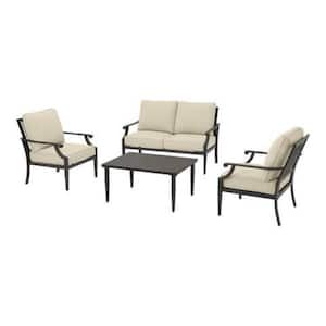 Braxton Park 4-Piece Black Steel Outdoor Patio Conversation Deep Seating Set with CushionGuard Putty Tan Cushions