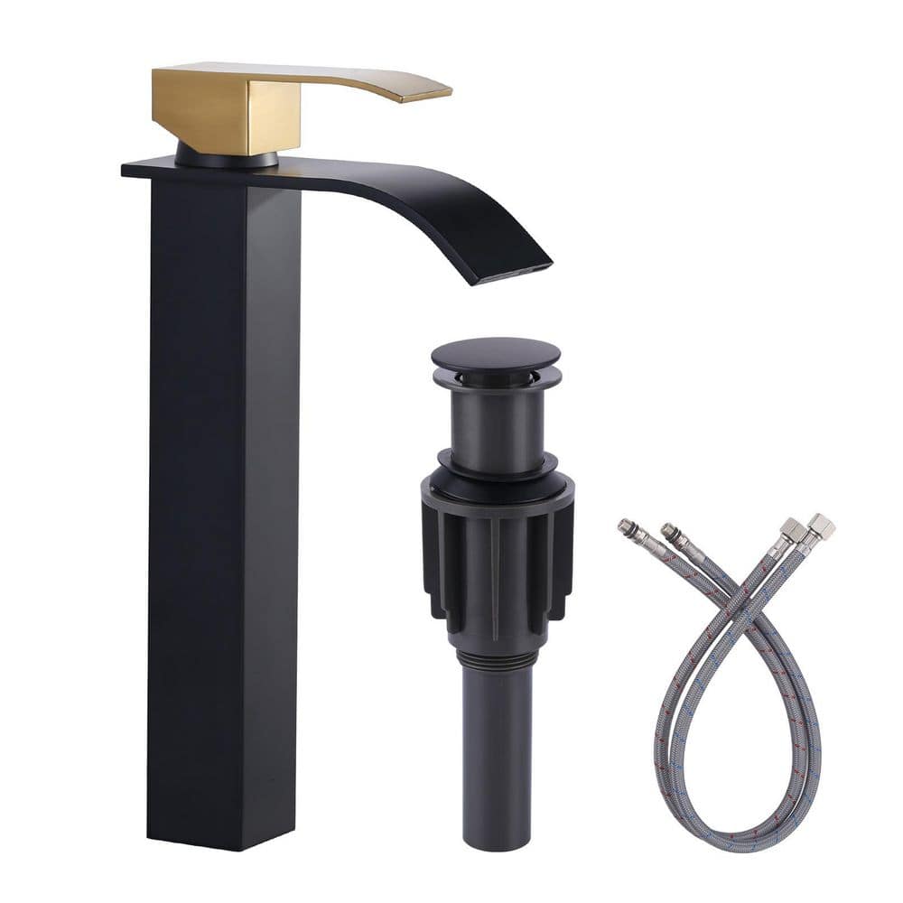 Single Handle Waterfall Single Hole Bathroom Faucet with Drain Kit Included in Black and Gold price history on PriceWatchPro