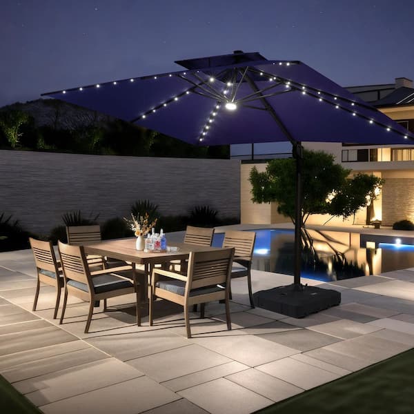 10 ft. x 13 ft. Heavy Duty Cantilever Tiltable 360° Rotation Solar LED Lighted Patio Umbrella in Navy and Umbrella Base