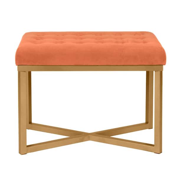 Homepop Orange Tufted Velvet with Gold Metal Frame Ottoman