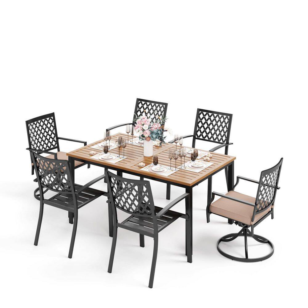 PHI VILLA 7Piece Metal Outdoor Dining Set with Brown Rectangular TableTop and Elegant Swivel