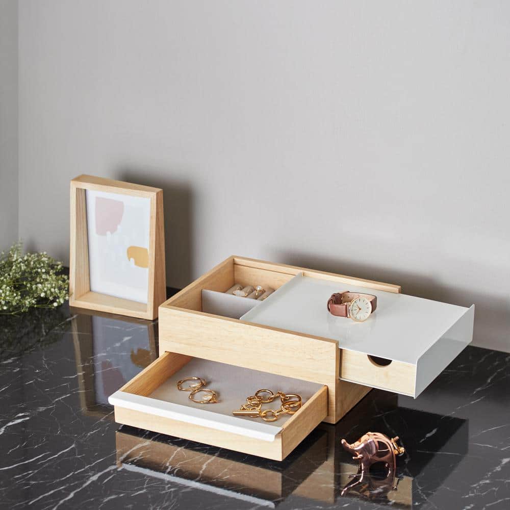 White and Natural Wood Jewelry Box with Linen Pads