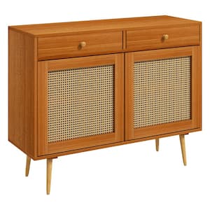 39.25 in. W x 13.75 in. D x 31.00 in. H Light Brown Linen Cabinet with 2-Drawers, Adjustable Shelf and Rattan Doors