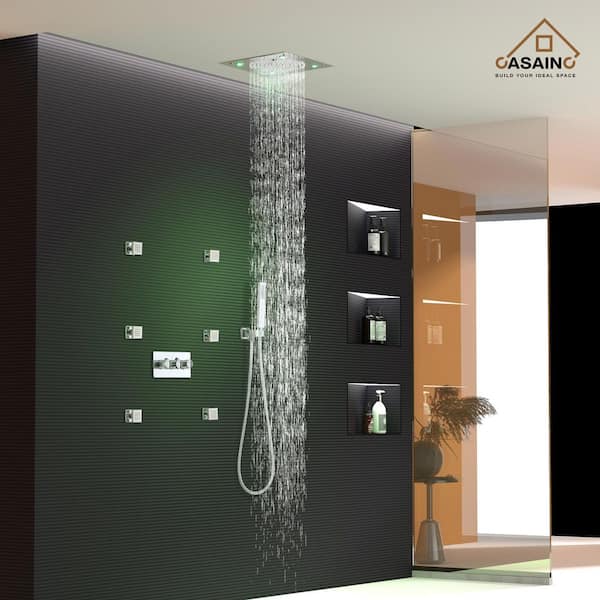 3-Spray Shower System 12 in. LED Dual Shower Head Ceiling Mount Fixed Handheld Shower Head 1.5 GPM with 6 Jets in Chrome