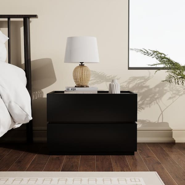 2-Drawer 23.6 in. Black Wooden Nightstands Modular Stackable Bedside Table for Bedroom