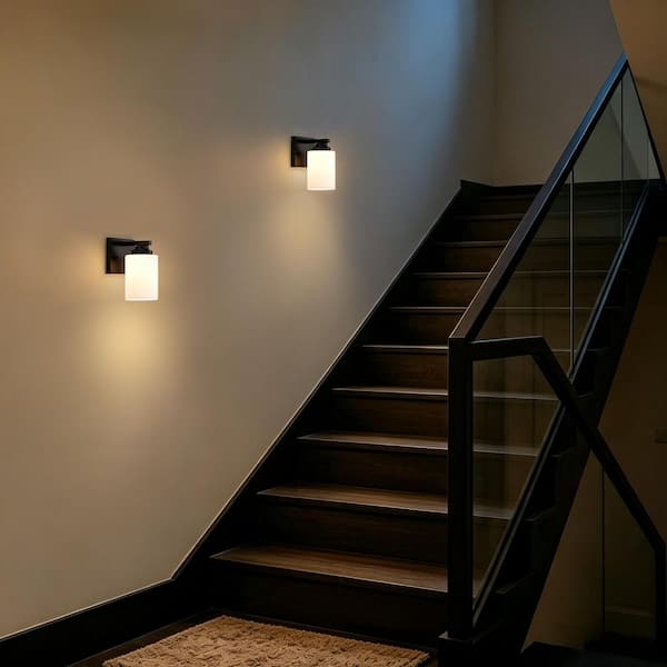 4 in. 1 Light Matte Black Indoor Bathroom Vanity Light Wall Sconce with Etched White Cylinder Glass Shade, 2-Pack