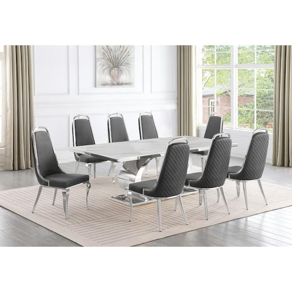 Best Quality Furniture Ibraim 9-Piece Rectangle White Marble Top with Stainless Steel Base Dining Set with 8 Dark Grey Velvet Chrome Iron Chair
