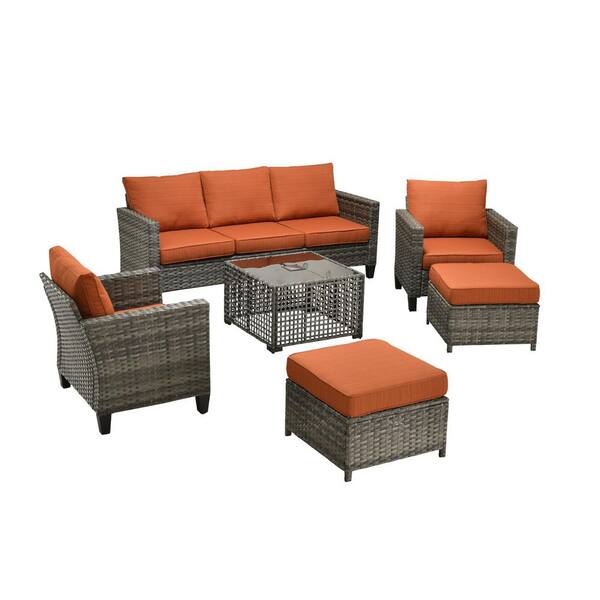 Daphne 6-Piece Modern Wicker Outdoor Patio Conversation Sofa Seating Set with Orange Red Cushions