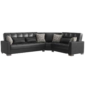 Basics Collection 3-Piece 108.7 in. Faux Leather Convertible Sofa Bed Sectional 6-Seater With Storage, Black