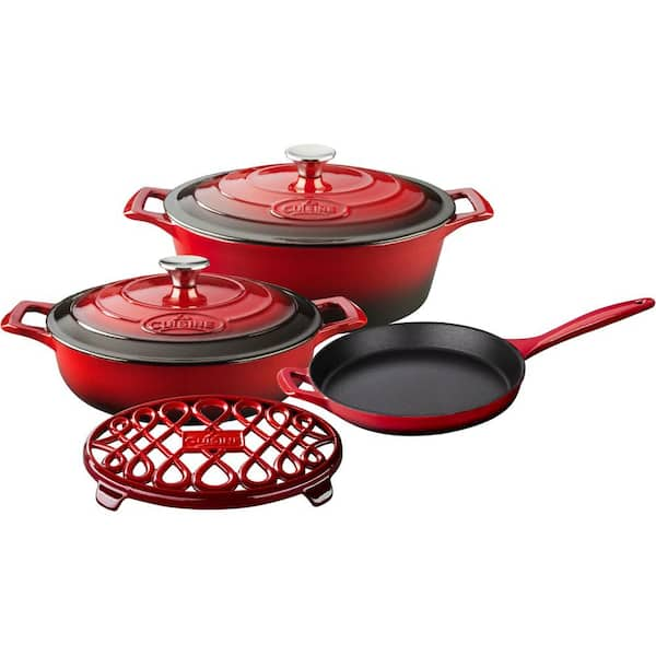 La Cuisine 6-Piece Enameled Cast Iron Cookware Set with Saute, Skillet and Oval Casserole with Trivet in Red