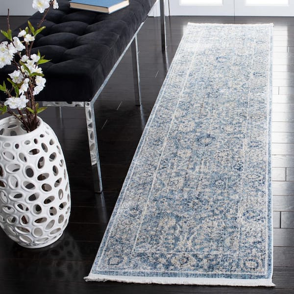 Dream 2 ft. x 8 ft. Gray/Turquoise Border Distressed Floral Runner Rug