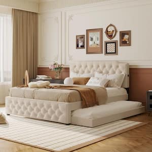 Button-Tufted Beige Wood Frame Queen Size Linen Upholstered Platform Bed with Twin Trundle, USB Ports, Nailhead Trim