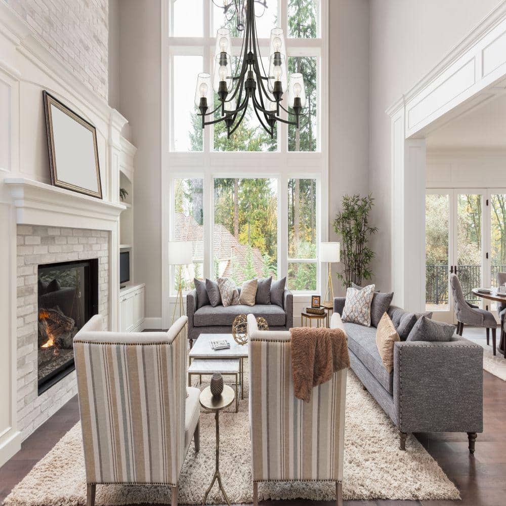 Matte Black 31-Inch 9-Light Metal Chandelier with Glass Shades