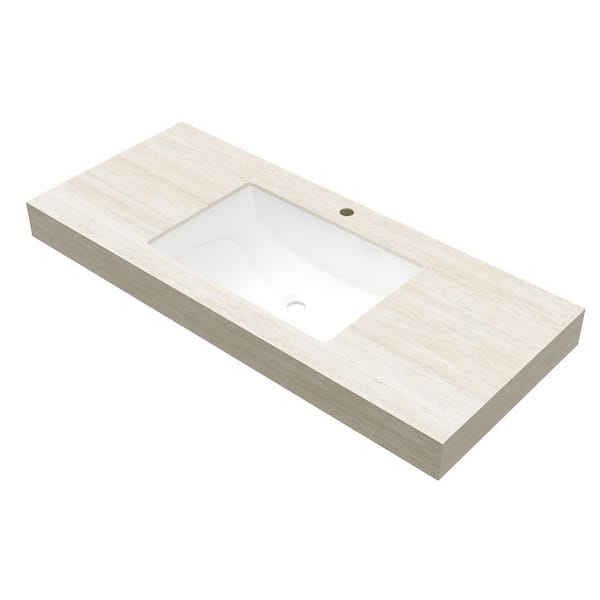 48 in. Undermount Rectangular Bathroom Sink in White with Beige Roma Travertine-Pattern Countertop