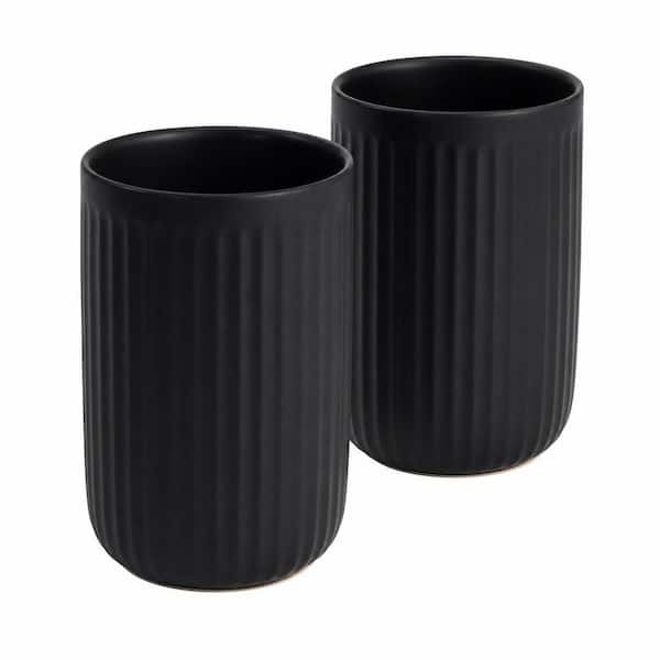 2 Cups Matte Black Ceramic Bathroom Tumbler Cups Toothbrush Toothpaste Holders Set Bathroom Counter Organizer