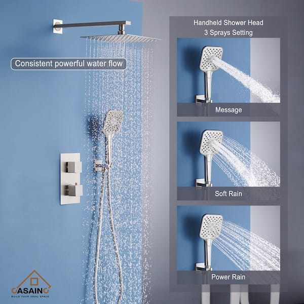 CASAINC Thermostatic Exposed Shower System 9.8 Square Rain Shower Head  with 3 Spray Modes Hand Shower, Wall Mount Water-saving Shower Faucet Set,  3-Way Diverter (Brushed Nickel) 