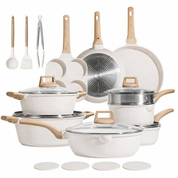21-Piece Cream White Die-Cast Aluminum Nonstick Cookware Set, White Granite Induction Cookware Non Stick Cooking Set