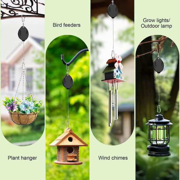Black Retractable Plant Hanger Hooks with Adjustable Auto Lock for Hanging Baskets and Bird Feeders (3-Pack)