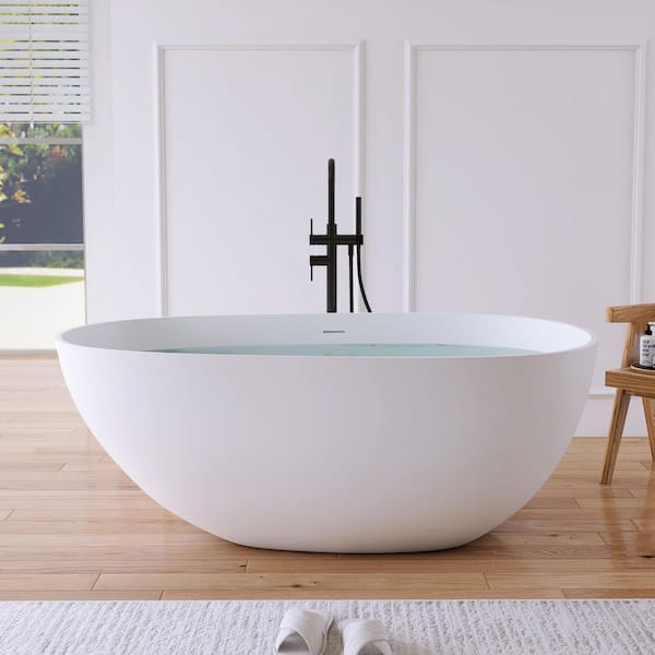 MEDUNJESS Luna 59 in. x 30.7 in. Stone Resin Solid Surface Matte Flatbottom Freestanding Soaking Bathtub in White